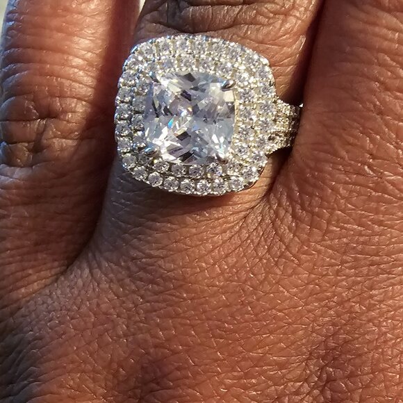 Stunning Double Halo Three Shank Cushion Cut Sterling Silver Engagement Ring × 1 - Picture 3 of 6